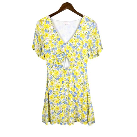 GB Gianni Bini Bright Yellow Floral Keyhole Cut Out Mini Fit & Flare Dress - Picture 9 of 13
